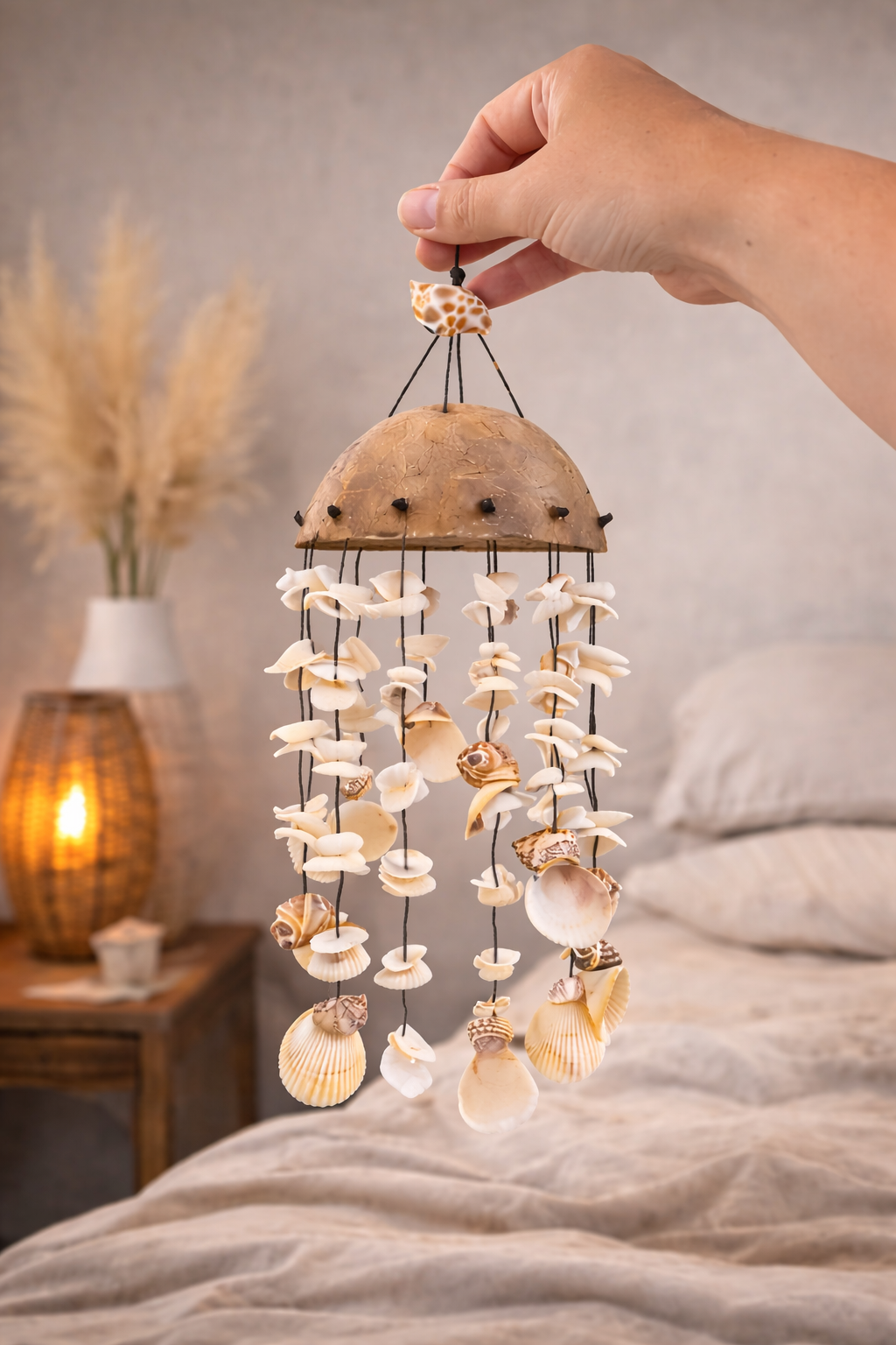 Simpukkatuulikello (44–55 cm) – käsintehty boho sisustus